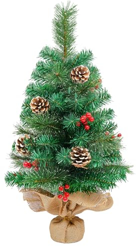 himaly 60 cm/2ft Künstlicher Tisch Mini Weihnachtsbaum mit Tannenzapfen, Roten Beeren, Grün Kiefernblattblätter 70 Spitzen, Leinen-Baumwolle und Zementbasis für Weihnachtsdekorationen