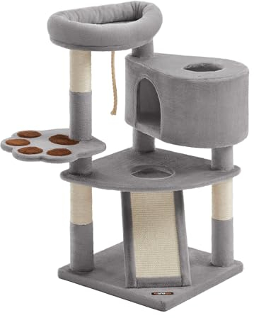 Feandrea Albero per Gatti, Tiragraffi per Gatti, con Piattaforma e Grotta, Rampa Graffiatoio, Multilivello, per Gatti Fino a 7 kg, 49 x 49 x 95 cm, Facile da Assemblare, Grigio PCT40W