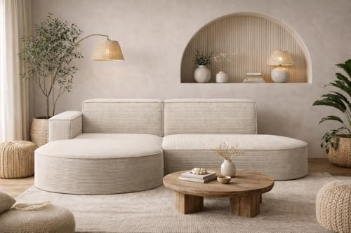 Kaiser Möbel - Ecksofa mit Wohnlandschaft, Eckcouch L-Form, Sofa 3-sitzer, Polstersofa, Bequemes Couch mit Ottomane für Wohnzimmer, Relaxsofa, Stilvolles Cord Sofa, Modena Studio, Ecru, Links