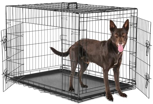 Sweetcrispy Large Dog Crate, 36 Inch Double Door Folding Metal Wire Dog Cage with Plastic Leak-Proof Pan Tray, Pet Kennel for Indoor, Outdoor, Travel
