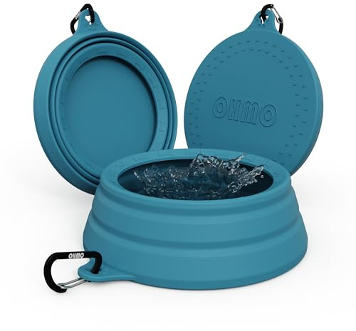 OHMO Large Non Spill Collapsible Dog Bowl, 1000 ml, Peacock Blue | Foldable Silicone, Wide Stable Base, Small Drinking Opening, Reduced Splashes & Tipping, Durable, Travel, Easy to Clean