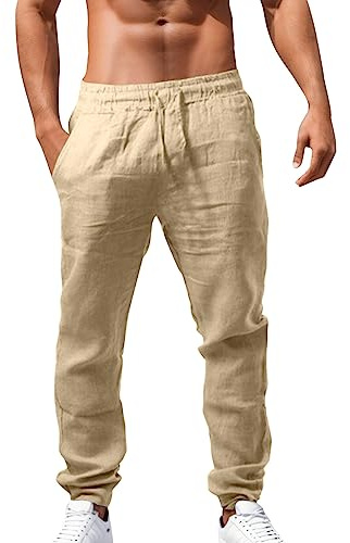 Générique Pantalon Lin Homme Été Baggy Taille Elastique Léger Confortable Respirant Pantalon Blanc Large Pants de Yoga Plage Décontracté Grande Taille