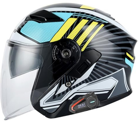 Jet-Motorradhelm, Bluetooth-Motorrad-Halbhelm Mit Doppelter Sonnenblende, Roller, Chopper, Skateboard, Radfahren, Jugendliche, Männer, Frauen, DOT/ECE-Zugelassener Sporthelm A,XL