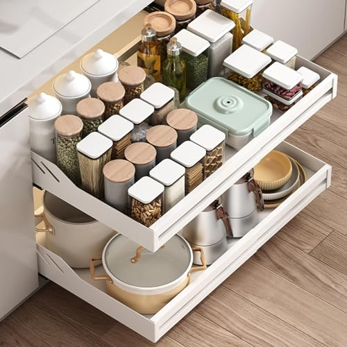 DZAY Teleskopschublade Nachrüsten,Auszug Küchenschrank Erweiterbarer Schubladen Organizer,Pull Out Schrank Organizer für Unterschränke,Ausziehbare Schubladen Küche,Speisekammer (Weiß, 33-55CM)