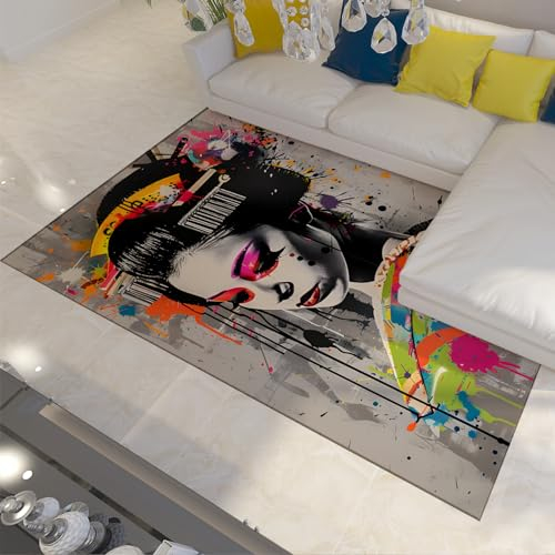 HOBBOY Ästhetischer Teppich Wohnzimmer Schlafzimmer Japanischer Stil Bereich Teppiche Geisha Muster Graffiti Boden Teppich Haustür Matte Inneneingang 180 x 210 cm