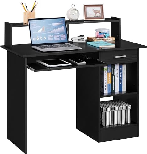 Soberine Scrivania Computer Fisso con Cassetti Tavolo per PC con Supporto Computer e Piano Estraibile Scrivania Ufficio Salvaspazio in Legno per Ufficio Studio Cameretta 106 × 50 × 94 cm