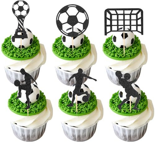 24Pcs Soccer Cupcake Toppers, Football Cupcake Toppers, Soccer Themed Sports Cake Decoration, Black Glitter Goal Football Cake Card Decoration for Boy Birthday Party Gift Supplies
