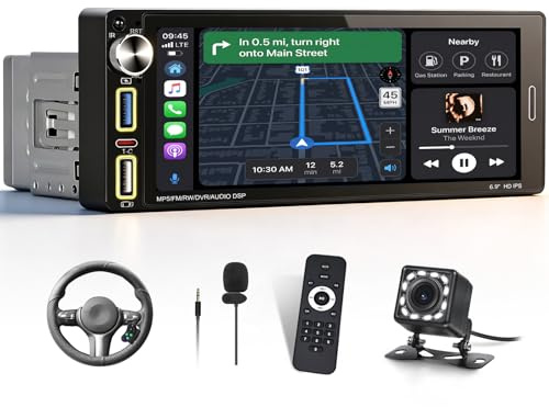 SIXWIN Uppgraderad trådlös autoradio, 1 DIN, trådlös CarPlay och Android Auto, 6,9 tum touchscreen med Bluetooth 5.0, USB, AUX, FM/AM, MirrorLink och röstkommmandon vid ratten + backupkamera
