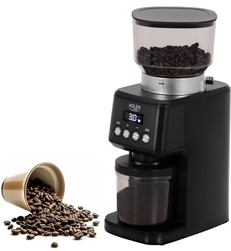 Adler Molinillo de Café Eléctrico AD 4300, Pantalla Digital LED, Ajuste de Molienda Gruesa a Fina, Recipiente para Granos, Prensa francesa, Temporizador de 20 segundo, Negro