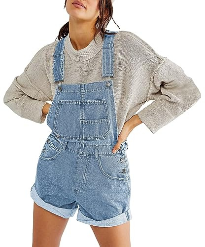 LYSINK Women Denim Bib Overalls Adjustable Straps Pocket Romper Shorts Casual Straight Leg Rolled Cuff Shortalls Romper