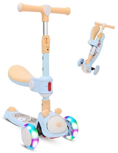 Habib Kinderroller Tretroller - 3-in-1 Faltbarer Scooter mit Sitz, LED Rädern, Verstellbar & Leicht (1-12 Jahre) - Sicher & Robust