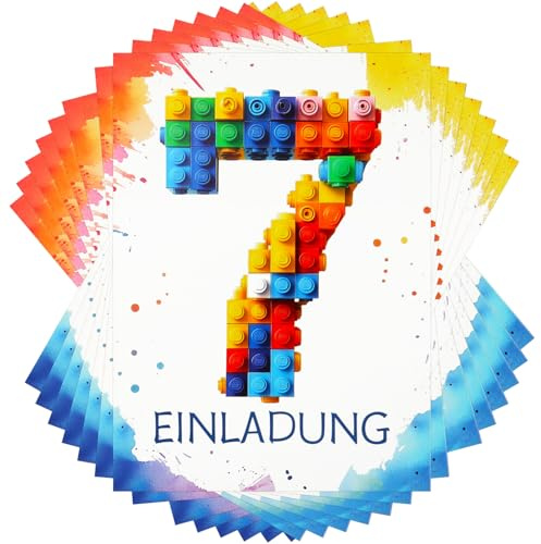 Maxmoc 15 Stück Einladungskarten Kindergeburtstag für Jungen Mädchen | 7. Geburtstags Einladungskarten mit Bausteinen Design,für Kinder Geburtstagsfeier Kinderparty