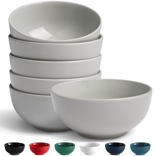 KooK Juego de 6 cuencos de sopa, cuencos de cerámica, aptos para microondas, lavavajillas y congelador, resistente a las astillas, para pasta, ensalada, avena, interior profundo, 20 onzas (gris polvo