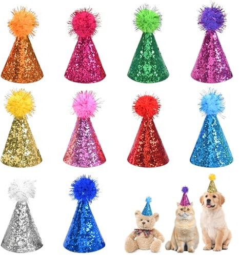 Hundegeburtstagsmütze, 10 Stück Mini-Partyhüte für Plüschtiere Bunte Glitzer-Welpen-Katzenmütze mit verstellbarem Riemen für kleine Tiere, Kinder und Plüsch-Teddys (12 * 7,5 cm (für kleine Hunde und