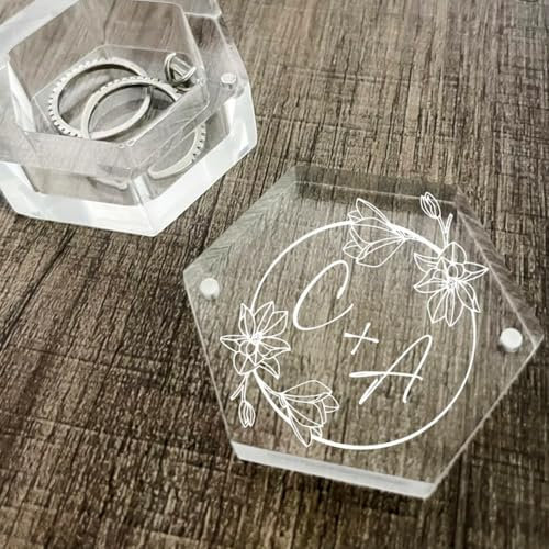 miguha Caja de acrílico transparente for anillos con nombre y fecha, soporte hexagonal personalizado for joyas, regalo romántico for bodas, compromisos y aniversarios.