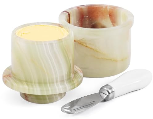 EarthenTones Beurrier en marbre avec couvercle et couteau, beurrier français et petit plat pour beurre à tartiner, décoration de cuisine élégante et accessoire de table fait main (vert, 8,1 cm)