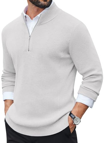 COOFANDY Jersey Hombre de Tejido Fino Cuello Alto Media Cremallera Manga Larga Suéter para Invierno Jersey de Trabajo Blanco L