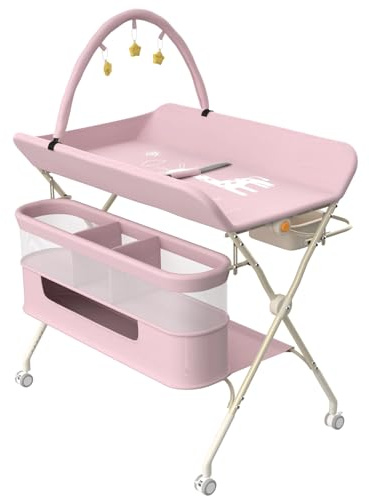 homewell 2 in 1 Baby Wickeltisch Spielzentrum, Höhenverstellbar, mobiler Wickelkombi klappbare mit Spielständer Sicherheitsgurt Aufbewahrungskorb Kleiderstange Wickelauflage (Rosa)