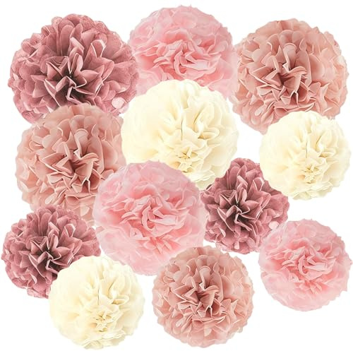 Logei 12 Stück Pompons Deko Rosa Roségold Seidenpapier Pompons ，Party Deko Gartenparty Geburtstag Hängende Papier Pom Poms Party Dekorationen für Hochzeit Deko Tischdeko Geburtstagsdeko (Rosa)