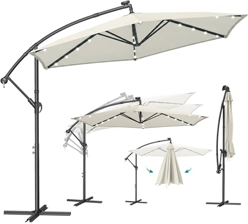 SONGMICS Sombrilla para Balcón con Iluminación LED Solar, Brazo de 350 cm de Diámetro, 32 Luces, con Base, Parasol UPF 50+, con Manivela, para Terraza, Jardín, Beige GPU119LZ01