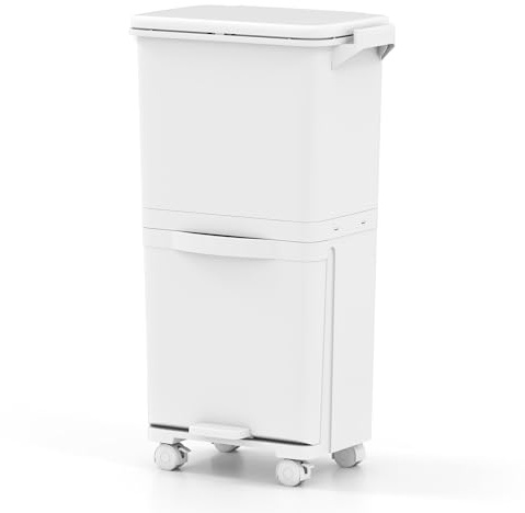 GOPLUS Cubo de Basura (Blanco, 36L+1 Tapa+2 Capas) | Cubo de Basura 3 en 1para Cocina con Ruedas y Contenedor Inclinable, 2 Contenedores, Pedal y Tapa,