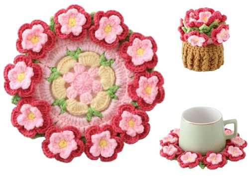 Vane Oak Flower Crochet Coasters, Handmade Bouquet Blanket Coaster with Crochet Plant Pot Fun Soft Decorative Drink Coasters for Coffee Tabletop Protection and Home Decor (Peach Pink, 1Pc)