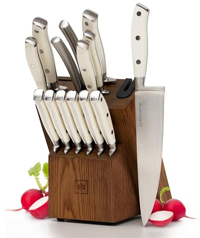 White Knife Set with Block – 14-Piece Forged Stainless Steel Knives with Triple Rivet Handles, Heavy-Duty Kitchen Shears, and Self-Sharpening Knife Block – Durable White Kitchen Accessories