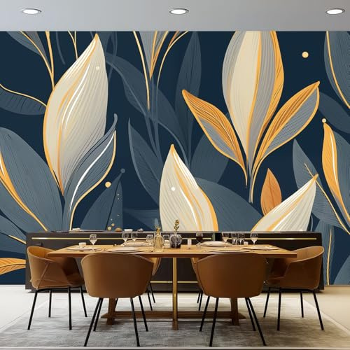 Carta da parati Motivo A Foglia Di Banano Dipinto A Mano, 200 x 140 cm Grigio Oro Carta da parati fotografica personalizzata in tessuto non tessuto per soggiorno e cameretta dei bambini