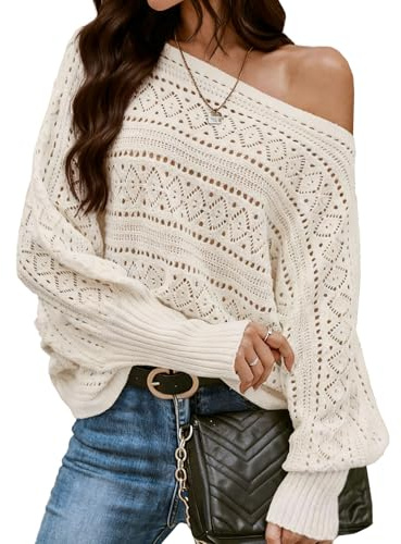 Pull en Maille crochetée pour Femme, col Bateau, épaules dénudées, Coupe Oversize, Manches Chauve-Souris, Beige, Taille S