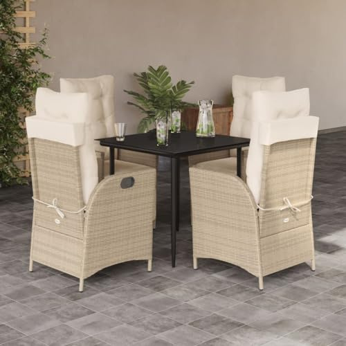 QJBSAVVA 5-TLG. Gartenmöbel-Set 80 x 80 cm Beige Poly-Rattan Sessel verstellbar mit Kissen Moderne Terrassen-Sitzgruppe für Balkon Garten und Outdoor-Terrasse
