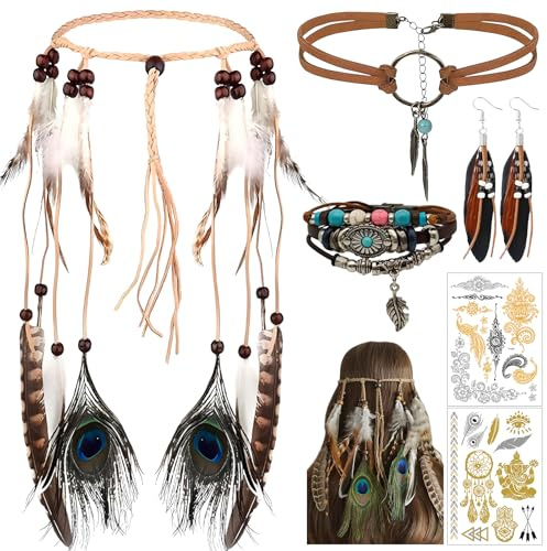 Set di 6 copricapo indiano vintage, stile boho, hippie indiano, con piuma, in pelle, per donne e carnevale, cosplay, tribali