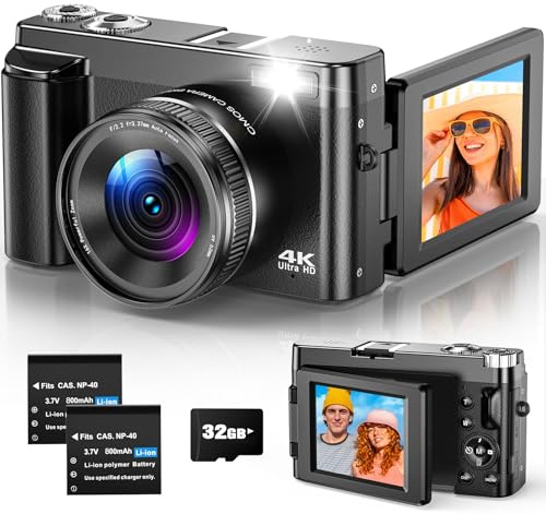 Digitalkamera 4K 48MP Kompakte Kamera Fotokamera mit 3-Zoll 180° Flip-Bildschirm, AutoFokus, 16X Digitalzoom, Anti-Shake für Vlogging und Reiseaufnahmen