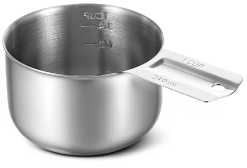 Xindojuz 1 Cup Single Stainless Steel Measuring Cup, Etched Inner Scale Metal Measure Scoop for Cooking Baking, Laundry Detergent, Wet and Dry Ingredients, Dishwasher Safe (240 ml, 8 oz)