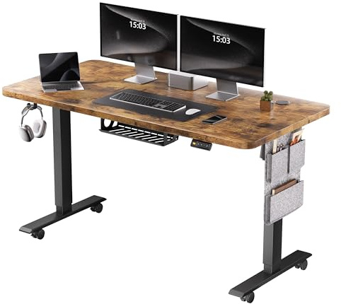 MAIDeSITe Elektrischer höhenverstellbarer Schreibtisch, 140×70 cm Sitz-Steh-Schreibtisch mit Kabelwanne, Haken und Aufbewahrungstaschen, Stehpult mit Speichersteuerung für Homeoffice