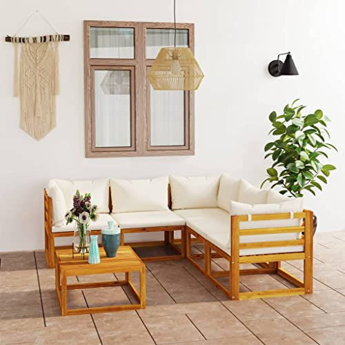 PTUGUOF 6-TLG. Garten-Lounge-Set mit Auflagen Creme, Massivholz Akazie, modulares Lounge-Set mit Couchtisch, abnehmbare Polster, belastbar bis 110 kg pro Sitz