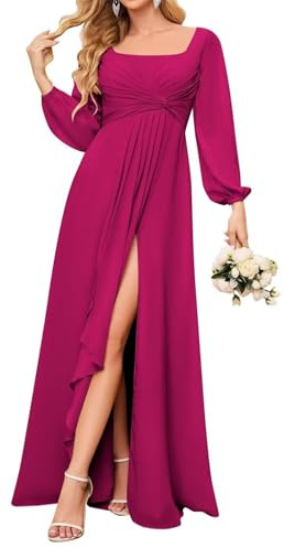 HPPEE Vestidos de dama de honor de manga larga con abertura plisada, cuello cuadrado, vestido formal de gasa para mujer, vestido de invitada de boda, fucsia, 60 Grande
