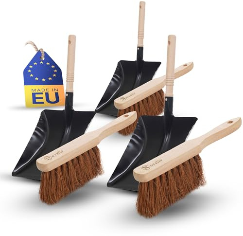 Novaliv 4er Kehrblech Set KOKOSBORSTEN Handfeger Kehrblechgarnitur Metall Schwarz lackiert Kehrblechbesen weiche Borsten Handbesen Kokosfaser Handkehrset Kehrblechset Kehrschaufel Feger und Kehrblech