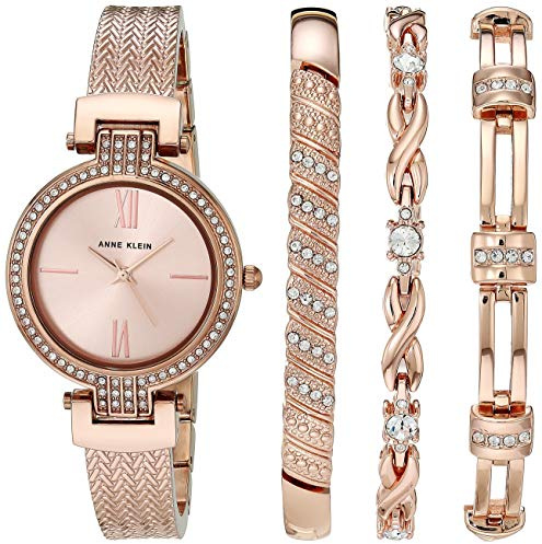 Anne Klein Women's Premium Crystal Accented Bangle Watch and Bracelet Set Rose Gold