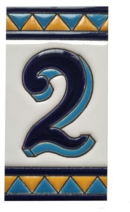 Chiffres de maison en céramique, lettres et cadres, motif espagnol orange et bleu, dimensions du carreau : 11 cm H x 6 cm, taille du cadre : 2 à 13 carreaux (numéro 2)