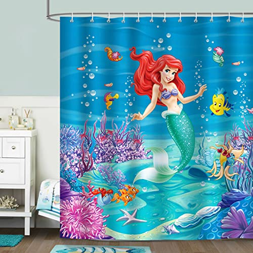 Bonhause Duschvorhang Meeresfische Mädchen Unterwasserwelt 180 x 180 cm Duschvorhänge Anti-Schimmel Wasserdicht Polyester Stoff Waschbar Bad Vorhang für Kinder Badzimmer mit 12 Haken