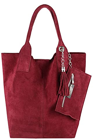 Made IN Italy Damen XXL Leder Tasche Wildleder Shopper Handtasche Schultertasche + Schmucktasche (Bordo)