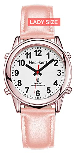 Hearkent Atomic Montre parlante avec grands chiffres et bracelet extensible auto-réglable pour malvoyants ou personnes âgées, Or rose et rose, lady size, Sangle