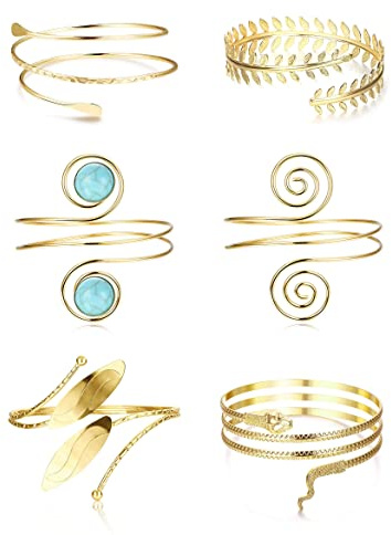 LOLIAS 6 Piezas Brazalete de Brazo Superior para Mujer Brazalete Abierto Brazalete de Hoja Minimalista Bobina de Metal Conjunto de Joyería Ajustable Oro/Plata