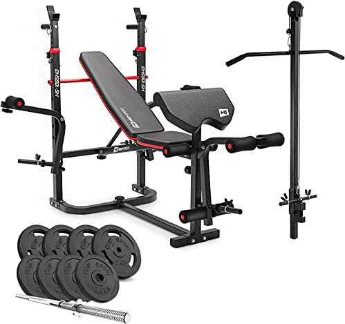 HOP-Sport® Ensemble d'haltères 39 kg et Banc de Musculation Multifonction HS-1065, Pupitre de Biceps, Papillon, Poulie Haute, Set de disques de Poids en Fonte 31 mm, Kit de Barres, Noir