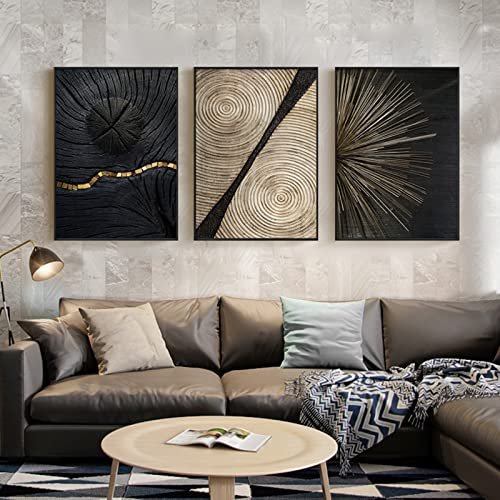 HEHGVCF Lot de 3 posters sur toile - Texture des lignes - Doré, noir et blanc - Avec kit d'images - Anneau annuel abstrait - Lignes sur toile - Art mural (A++B+C, 40 x 60 cm)
