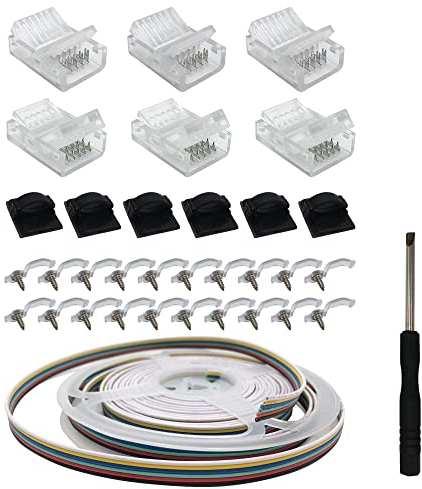 GIDEALED RGBWW 6 Polige LED Streifen Verbinder Kit mit 5m Verlängerungskabel,12mm LED Strip RGBCW zum Kabel lötfreier Transparenter LED Anschluss für Alle Standardmäßigen 6 Pin RGBCCT LightStrip Plus