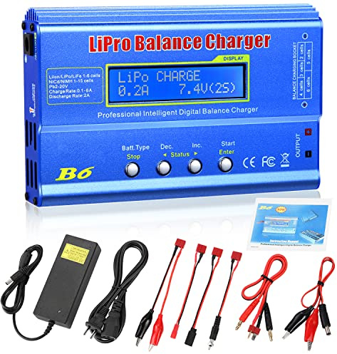 URGENEX B6 Balance Charger 80W 6A RC Battery Charger for LiPo/Li-ion/Life Battery (1-6S) NiMH/NiCd (1-15S)/Pb Batteries Professional RC Hobby Batteries Balance Charger Discharger with AC Power Adapter