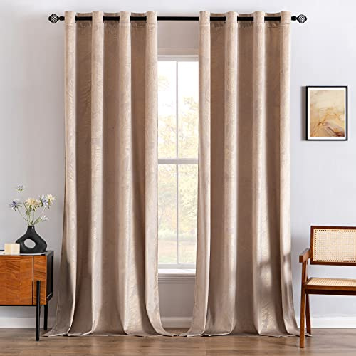 MIULEE Tende velluto foglie dorate passanti 2pz L140xA280 Beige | Tende velluto morbide con stampa foglie dorate, oscuranti, con passanti decorativi per soggiorno e camera da letto