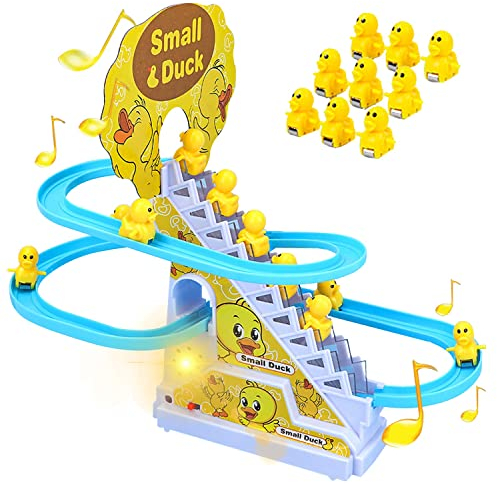 Funvalley Surperfekte Kleine Ente, Klettertreppe- und Achterbahn-Spielzeug-Set mit blinkenden LED-Lichtern und Musik, Rutsch- und Rennbahn-Set für Kinder