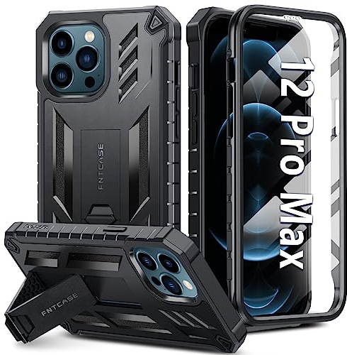 FNTCASE for iPhone 12 Pro Max Case Built-in Screen Protector&Kickstand | 20FT Military-Grade Drop Protection, Anti-Slip Matte Textured, Rugged Heavy Duty Shockproof TPU Protective Cover, Black